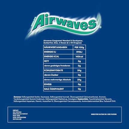 Airwaves Sugar-Free Chewing Gum, Menthol Eucalyptus Gum, 6 x 50 Dragees, Large Pack Chewing Gum, Sugar-Free Chewing Gum with Mint Freshness (300 Dragees)