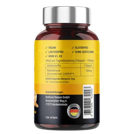 Redfood® Nattokinase Capsules High Dose 290 Capsules 100 mg each (20,000 FU/g) - 9 Month Supply - Laboratory Tested and Vegan - Natto from Fermented Soybean Extract - No Unwanted Additives