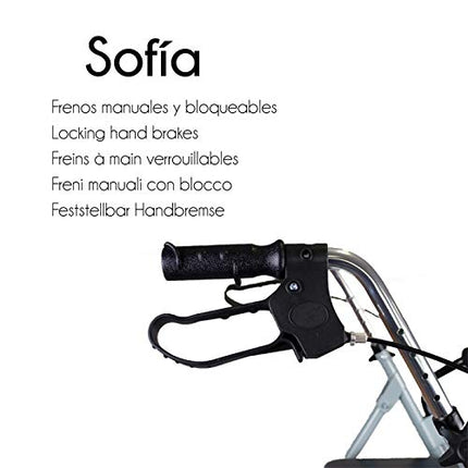 Mobiclinic®, Rollator, Large wheels for the road, Foldable, With fabric basket and seat, Made of aluminum, Lightweight, Durable, Brake on the handles, European brand, Model Sofia, Gray