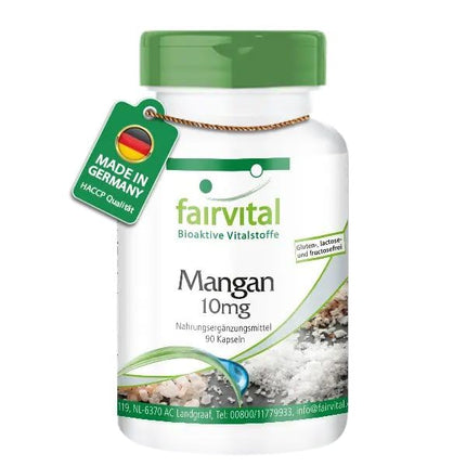 Fairvital | Manganese Capsules 10mg - 90 Capsules - HIGH DOSE - from manganese gluconate - Vegan - essential trace element - Manganese