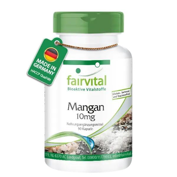Fairvital | Manganese Capsules 10mg - 90 Capsules - HIGH DOSE - from manganese gluconate - Vegan - essential trace element - Manganese