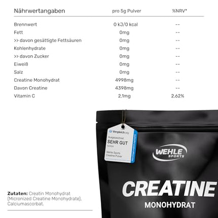 Creatine Monohydrate 1kg Powder Pure Creatine Micronized Quality Mesh 200 - Optimally High Dosage 100% Vegan - Wehle Sports (1000g)
