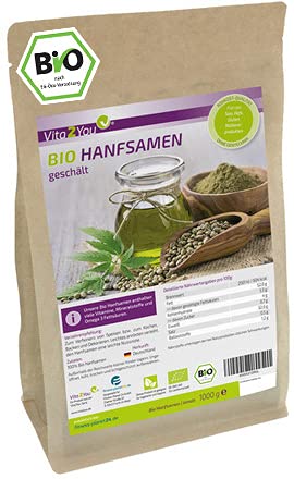 Vita2You Organic Hemp Seeds Peeled 1kg - German Cultivation - 100% Raw Food Quality in a Zip Bag - 1000g - Premium Quality