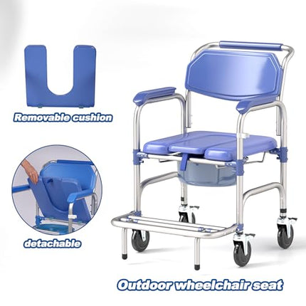 bimiti Foldable Commode Chair for Seniors, Commode Chair with Wheels and Anti-Roll-Over Pedals, Wheelchair with Toilet for Patients, Seniors, Disabled and Pregnant Women, Load Capacity up to 150 kg