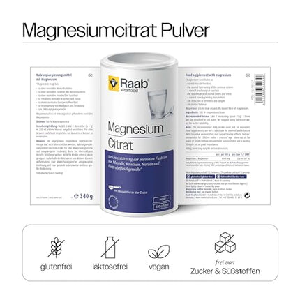 Raab Vitalfood® Magnesium Citrate Powder (340 g) – 100% magnesium citrate without additives, easy to dose, ideal for athletes – for muscles, nerves, electrolyte balance – laboratory-tested, vegan