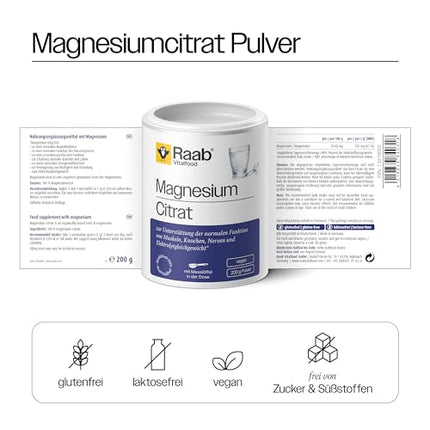 Raab Vitalfood® Magnesium Citrate Powder (200 g) - 100% magnesium citrate without additives, easy to dose, ideal for athletes - for muscles, nerves, electrolyte balance - laboratory-tested, vegan