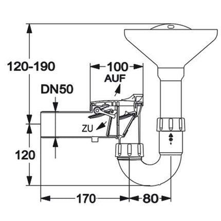 Save condensate connection "JENNY", DN 50 with 3/8" and 1/2" spout, odor trap and backflow prevention, DIN 4102-B2. Suitable for DN50 (socket)