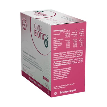 OMNi BiOTiC 6 | Glass Jar | 60 servings (120g) | 6 bacterial strains | 4 billion germs per daily dose | Powder | With inulin | Vegan | Gluten-free | Lactose-free | For daily use