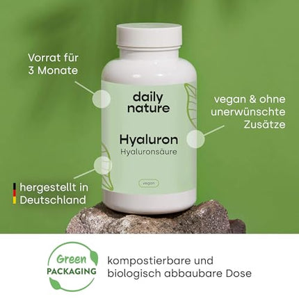 dailynature Hyaluronic Acid 90 Capsules | 1,100 kDa | Highly dosed with 500 mg sodium hyaluronate per capsule | Vegan | No unwanted additives | Gluten-free | Lactose-free