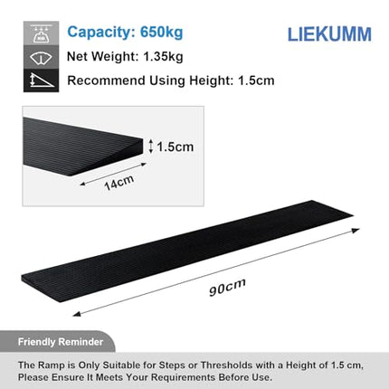 LIEKUMM rubber threshold ramp 1.5cm high, 650kg load capacity wheelchair ramp, non-slip threshold ramp for doorways, curbs, steps, scooters, strollers, motorcycles