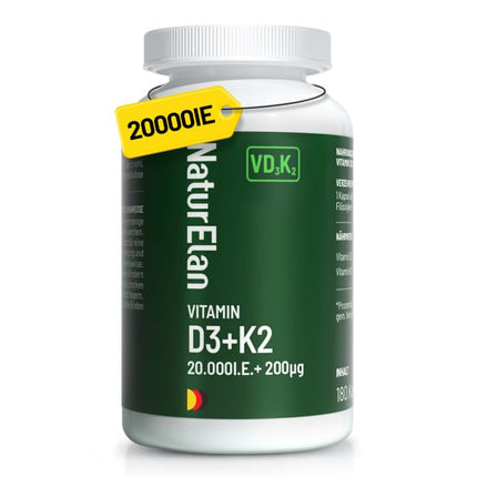 Vitamin D3 K2 capsules high-dose - 20,000 IU + Vitamin K2 MK7 200 mcg per dose, 180 vegetarian capsules, no additives, produced in Germany
