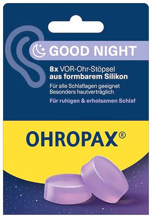 OHROPAX Good Night earplugs – pre-ear plugs made of moldable silicone – suitable for all ears and all sleeping positions – sound insulation value SNR 23 dB – for a peaceful and restful sleep – 8 pieces