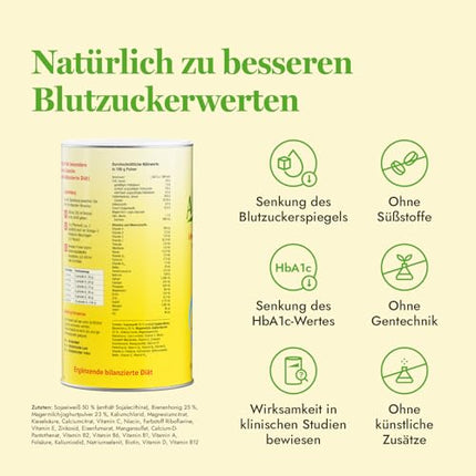Almased Type 2 powder to lower blood sugar levels and HbA1c levels – low glycemic index of 27 – 1 x 500g – 10 servings