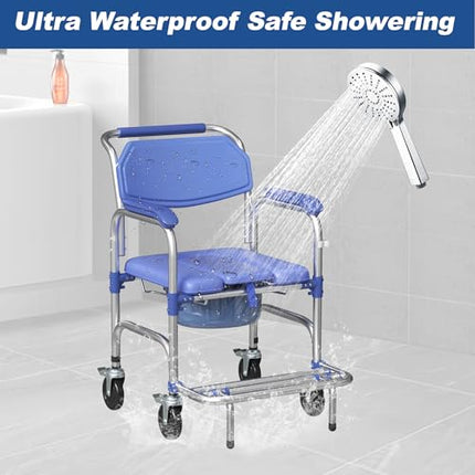 bimiti Foldable Commode Chair for Seniors, Commode Chair with Wheels and Anti-Roll-Over Pedals, Wheelchair with Toilet for Patients, Seniors, Disabled and Pregnant Women, Load Capacity up to 150 kg