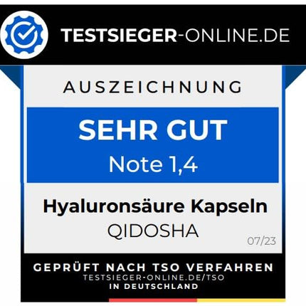 QIDOSHA® Premium Hyaluronic Acid Capsules, TEST WINNER 07/23*, high molecular weight of 1.5-2 million Daltons (common market: 0.5 million), 250 mg/capsule, 90 pcs/pharmacy jar, vegan, naturally fermented