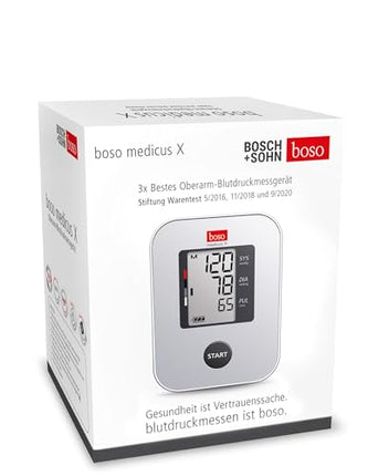boso medicus X - Best upper arm blood pressure monitor (Stiftung Warentest 5/2016, 11/2018, and 9/2020) with one-button operation, large display, and arrhythmia detection – With standard cuff (22-32 cm)