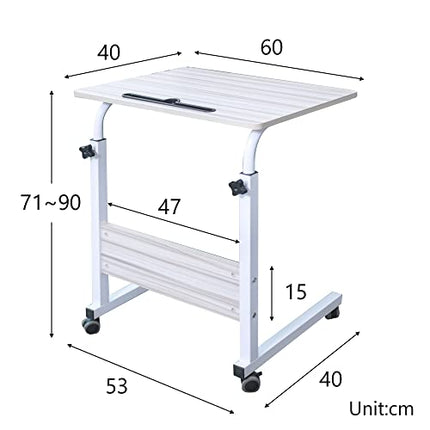 Emall Life Tray Table, Adjustable Sofa/Bedside Table, Portable Desk with Wheels, Overbed Table, Laptop Cart with Holder Slot (White Maple, 60 x 40 cm)