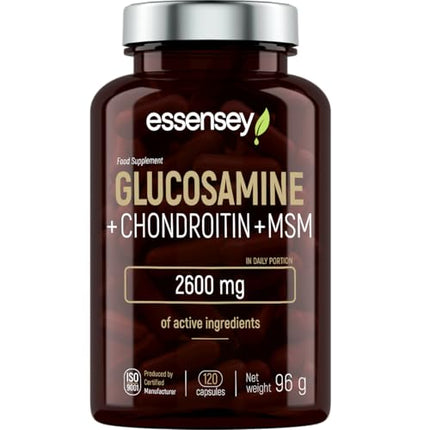 ESSENSEY - Glucosamine Chondroitin MSM I 2600 mg active ingredients per recommended daily dose I 120 Capsules I MSM 600 mg I 30 daily doses I Easy to swallow