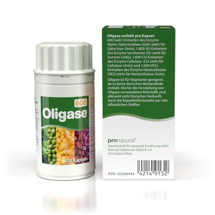 Oligase 600, enzyme blend for digesting gas-causing carbohydrates, digestive enzymes to relieve bloating and stomach pain, gluten and fructose free, suitable for vegetarians, 100 capsules