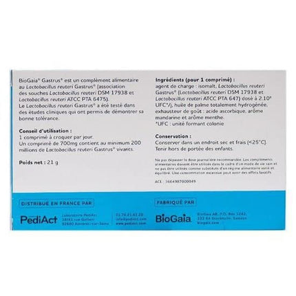 BIOGAIA GASTRUS – L. reuteri Gastrus 'DSM 17938 + ATCC PTA 6475 – Box of 30 chewable tablets with mandarin flavor