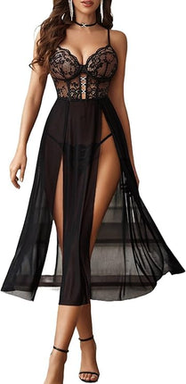Avidlove Sexy Lingerie Women's Lingerie Set Lace Lingerie Mesh Babydoll V-Neck Underwear Corset Nightdress Longe Nightwear Side Slit Negligee, Black S