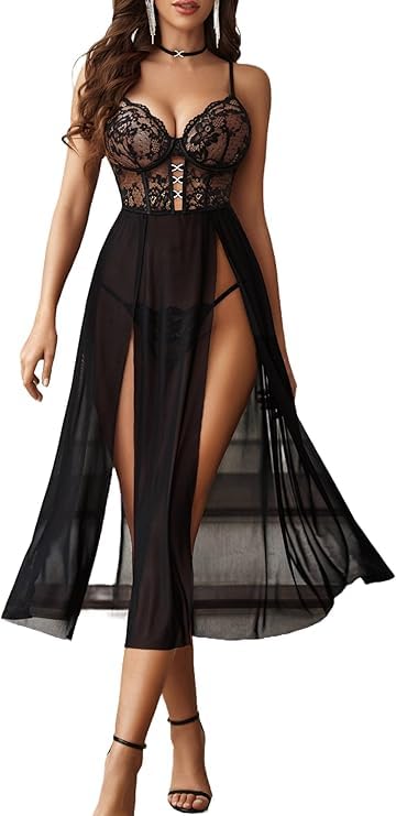 Avidlove Sexy Lingerie Women's Lingerie Set Lace Lingerie Mesh Babydoll V-Neck Underwear Corset Nightdress Longe Nightwear Side Slit Negligee, Black S