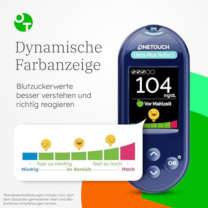 OneTouch Ultra Plus Reflect blood glucose monitoring system for diabetes (sugar disease), including 1 blood glucose meter (mg/dl), 40 test strips, 1 lancing device, 40 lancets, 1 carrying case, 2 batteries