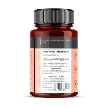 Hyaluronic Acid 300 mg x 180 Tablets (3-month supply). Triple strength hyaluronic acid. 300% more powerful than any other HLA tablet.