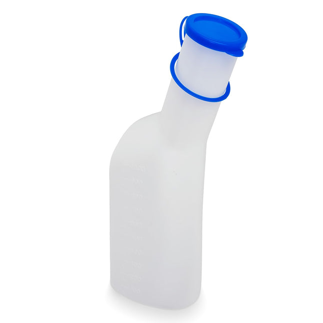 Urinal bottles for men 1000ml, ARNOMED milky urine bottle with blue cap, PP pee bottle for men square, leak-proof urinal bottle for men, emergency urinal bottle for on the go