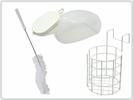Urinal set for women, with urinal bottle with lid and urinal bottle holder, round
