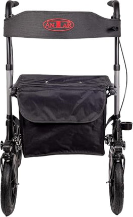 Antar travel rollator with pneumatic tires, folds multiple times for transport. AT51036