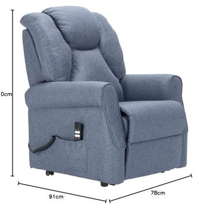 Sime FR-1 ADJUSTABLE electric recliner with vibrating massage. Combined backrest and footrest inclination. 4 wheels move the user. Non-deformable seat, dirt-repellent, stand-up aid. Denim Blue.