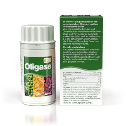 Oligase 600, enzyme blend for digesting gas-causing carbohydrates, digestive enzymes to relieve bloating and stomach pain, gluten and fructose free, suitable for vegetarians, 100 capsules