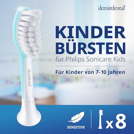 demirdental replacement brushes for kids, suitable for Philips Sonicare replacement brushes Kids, children's sonic toothbrushes, children's replacement brushes from 7 years, corresponds to HX6044, turquoise, set of 8