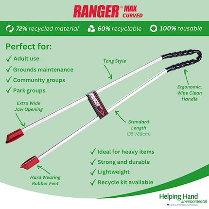 The Helping Hand Company Ranger Max Tongs-Style Litter Picker with Curved Handle, 89 cm, Heavy-Duty Trash Picker, Long Handheld Litter Picker for Adults, Outdoor Waste Collector