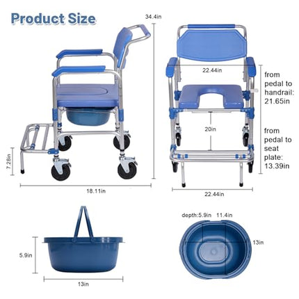 bimiti Foldable Commode Chair for Seniors, Commode Chair with Wheels and Anti-Roll-Over Pedals, Wheelchair with Toilet for Patients, Seniors, Disabled and Pregnant Women, Load Capacity up to 150 kg