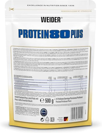 Weider - Protein 80 Plus - 4-component protein powder - High protein content with 80% protein - Creamy shakes with calcium &amp; vitamin B6 - 500g - Vanilla