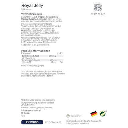 Healthspan Royal Jelly 600 mg | Reduces tiredness and fatigue | Nutritious nectar | Added vitamin B2 | Contains at least 6% HDA | Vegetarian | 90 Capsules