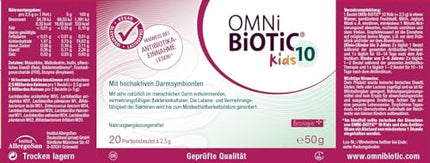 OMNi BiOTiC 10 Kids | 20 servings (50 g) | 10 bacterial strains | 10 billion germs per daily dose | Powder | With inulin | Vegan | Gluten-free | Lactose-free | For daily use