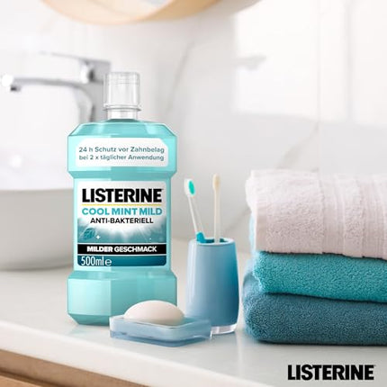 LISTERINE Cool Mint Mild (500 ml), antibacterial mouthwash with essential oils &amp; alcohol-free, mild dental care mouthwash, reduces plaque, effectively combats bad breath
