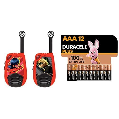 Lexibook Miraculous Ladybug Cat Noir, Walkie-Talkies, Range 2 km, Light Morse Function, Belt Clip, for Children, Battery, Red, TW25MI + Duracell Plus Batteries AAA, 12 Pack, Long-Lasting Power, AAA