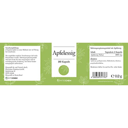 Phytochem Apple Cider Vinegar 180 Capsules, high dose with 500 mg apple cider vinegar powder per capsule, vegan and without additives, laboratory tested, 3-month supply