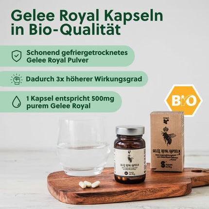 beegut ORGANIC Royal Jelly Capsules, 60 capsules each containing 170mg powder = 500mg pure royal jelly, sustainable packaging