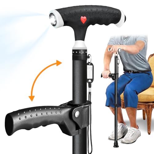 ispuoocti Adjustable Walking Stick for Men and Women Double Handle Adjustable Walking Stick with LED Light, Walking Sticks for Seniors and People with Various Types of Arthritis (Black)