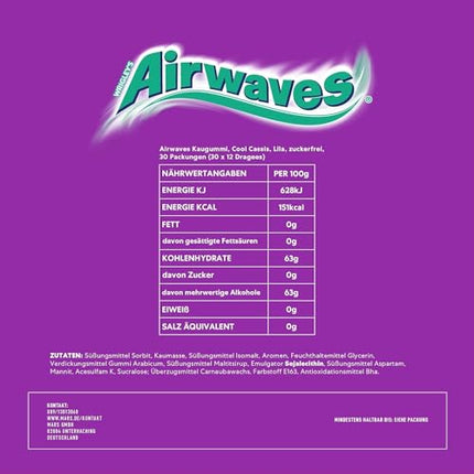 Airwaves Sugar-Free Chewing Gum, Cool Cassis Gum, 30 x 12 Dragees, Large Pack Chewing Gum, Sugar-Free Chewing Gum with Mint Freshness (360 Dragees)