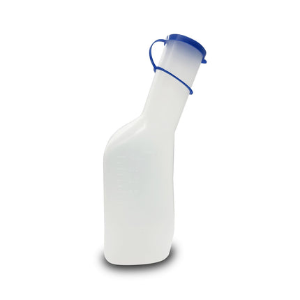 Urinal bottle for men, 1000 ml, translucent polypropylene urine bottle with blue lid, square, milky with cap, urine collection container for men, home care, hospital, travel