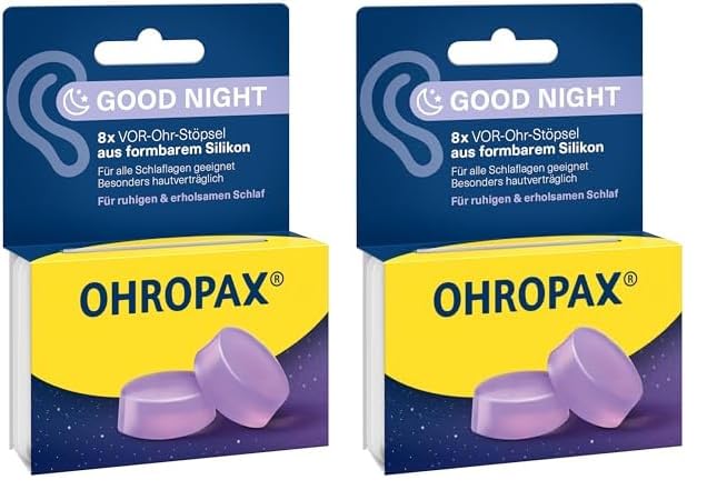 OHROPAX Good Night earplugs – pre-ear plugs made of moldable silicone – suitable for all ears and all sleeping positions – sound insulation value SNR 23 dB – for a peaceful and restful sleep – 8 pieces