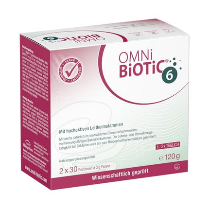 OMNi BiOTiC 6 | Glass Jar | 60 servings (120g) | 6 bacterial strains | 4 billion germs per daily dose | Powder | With inulin | Vegan | Gluten-free | Lactose-free | For daily use