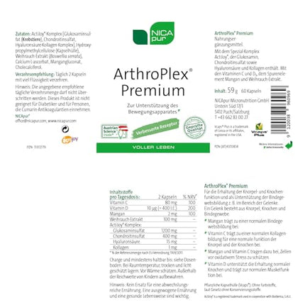 nicapur® ArthroPlex® Premium, for cartilage and joints, with the special complex ActiJoy®, vitamins C and D, manganese and frankincense extract, pure substance without additives, 60 capsules