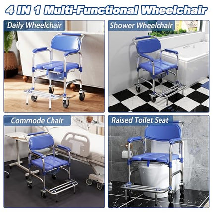 bimiti Foldable Commode Chair for Seniors, Commode Chair with Wheels and Anti-Roll-Over Pedals, Wheelchair with Toilet for Patients, Seniors, Disabled and Pregnant Women, Load Capacity up to 150 kg